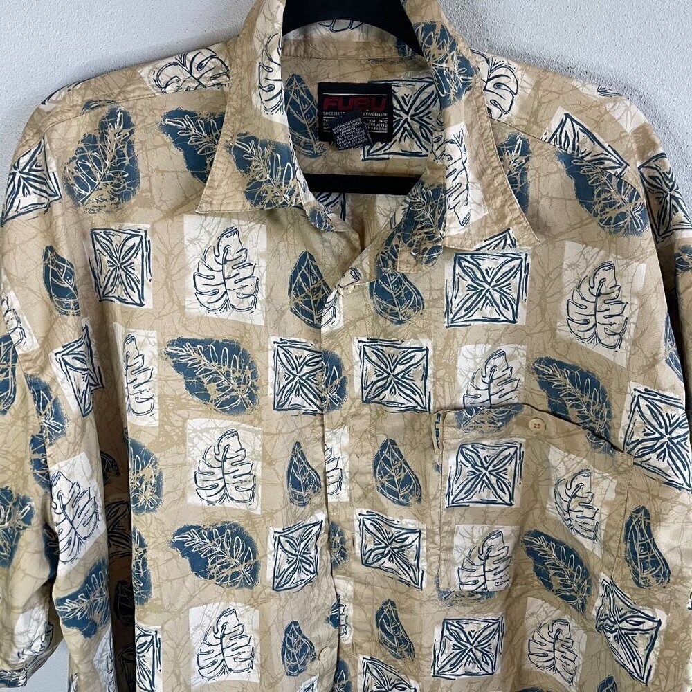 Y2K FUBU Beige/Blue Floral All Over Print Button Front Short Sleeve Mens XXL - Picture 4 of 12